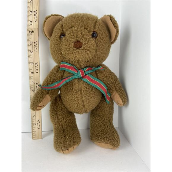 Heartline 14" Jointed Teddy Bear Brown Fuzzy Red Green Bow Stuffed Animal Plush - Picture 1 of 6